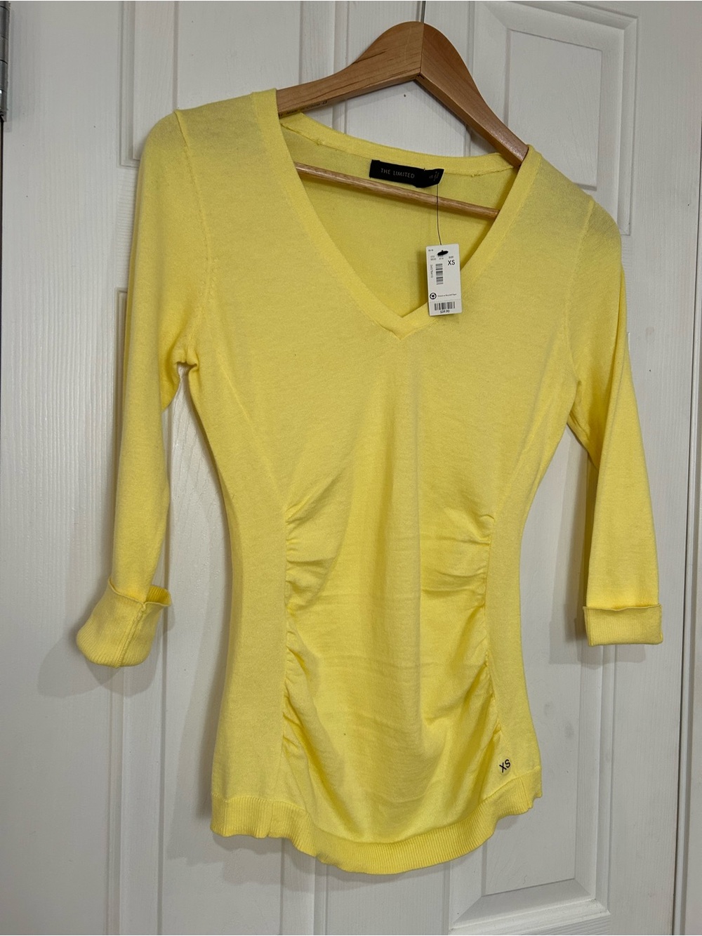 NWT The Limited Yellow V-Neck Ruched Cotton Knit Sweater Top – Size XS